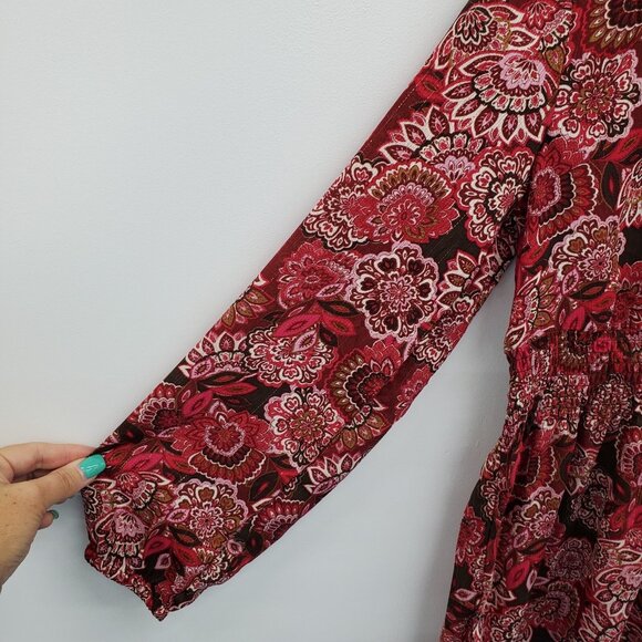 Rose + Olive Boho Floral Babydoll Dress Burgundy Red Pink Long Sleeve Size S NWT - Picture 8 of 15